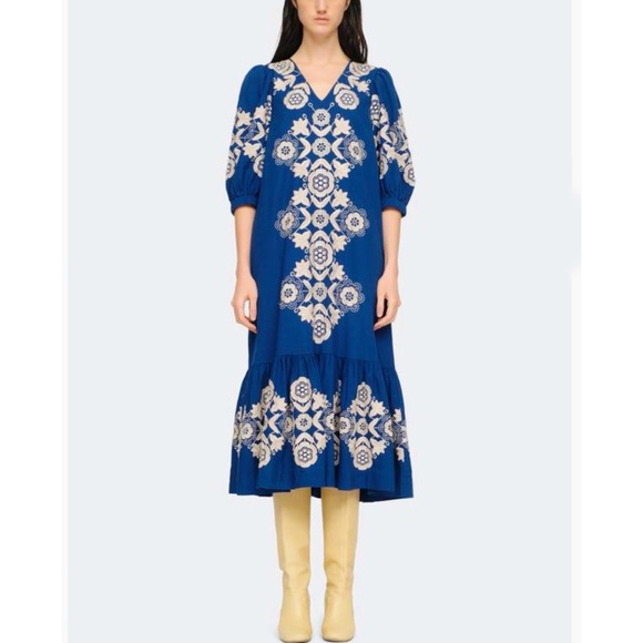 manuela embroidered midi dress SEA Manuela Embroidered Cotton And Linen- Blend Midi Dress